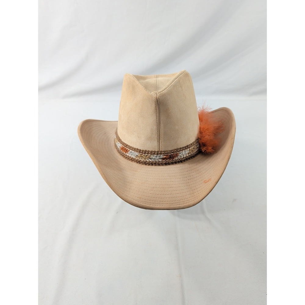 Larry Mahan's Collection Leather Patch Stitched Beige Cowboy Hat 7 3/8
